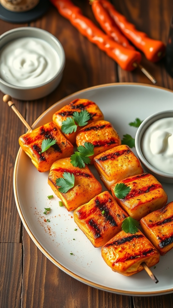 Grilled tandoori tilapia skewers garnished with cilantro and served with yogurt sauce on a rustic wooden table.